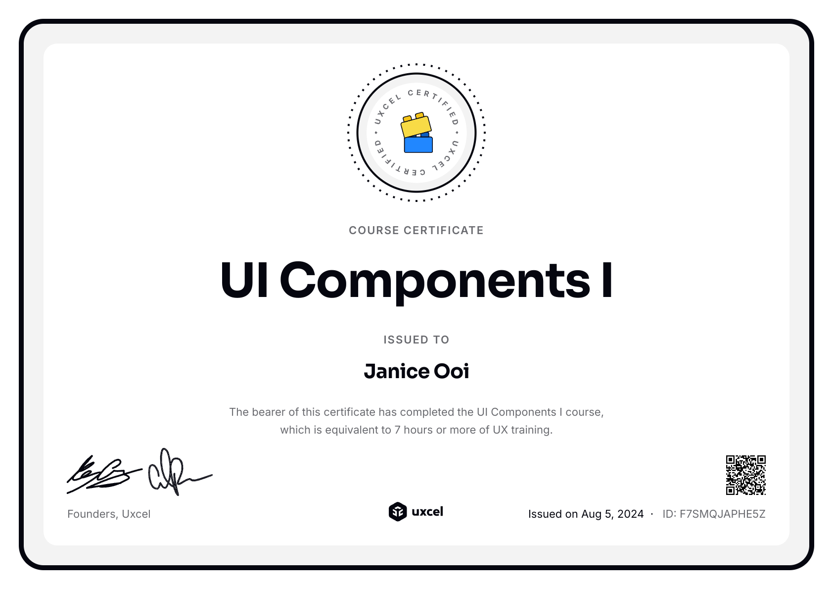 Janice Ooi's certificate